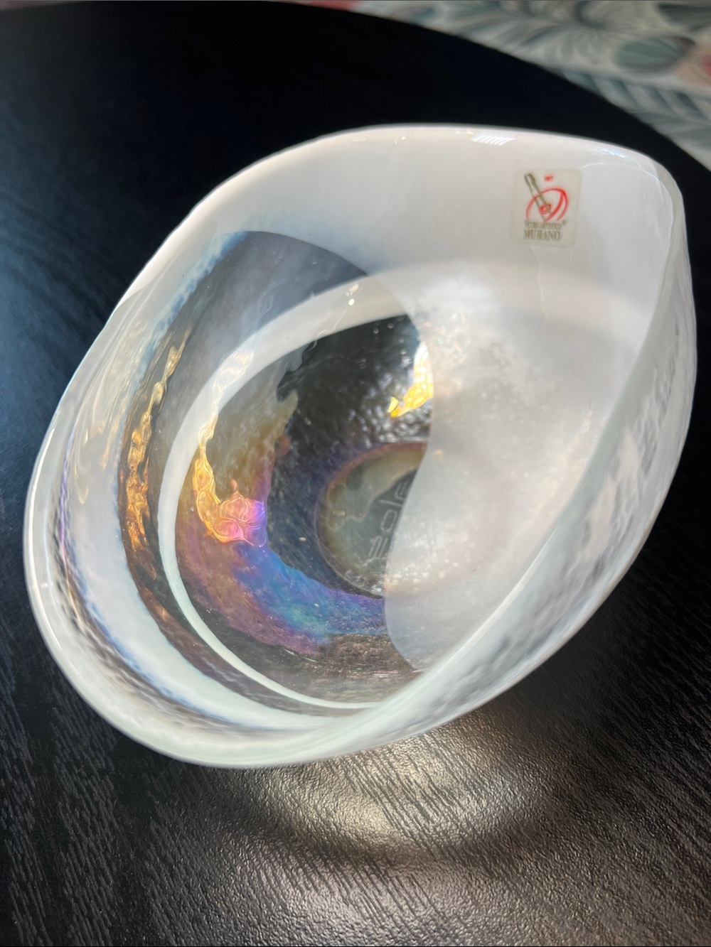 Yalos Casa Murano Iridescent White Swirl Art Glass Bowl Signed Italy